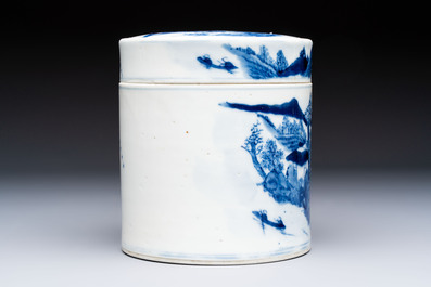 A Chinese blue and white square bitong, a 'Dragon' censer, a covered box, a vase and a paperweight, Guangxu mark, 18/19th C.