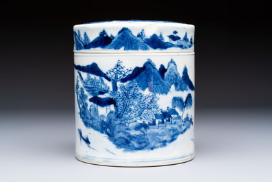 A Chinese blue and white square bitong, a 'Dragon' censer, a covered box, a vase and a paperweight, Guangxu mark, 18/19th C.