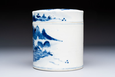 A Chinese blue and white square bitong, a 'Dragon' censer, a covered box, a vase and a paperweight, Guangxu mark, 18/19th C.