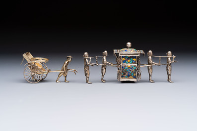 A Chinese enamelled silver model of four bearers and a silver model of a bearer, Guang Sheng Yuan 廣生源 and Yan Ji 衍記 mark, 19th C.