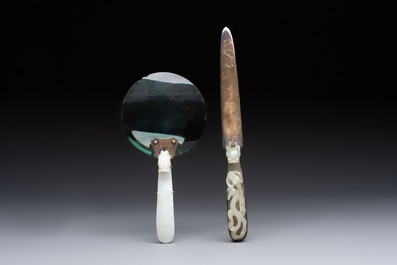A Chinese mounted magnifying glass with a jade handle and a sterling silver letter opener with a jade handle, 19th C.