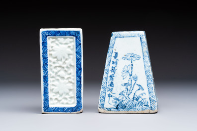 A Chinese blue and white square bitong, a 'Dragon' censer, a covered box, a vase and a paperweight, Guangxu mark, 18/19th C.