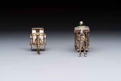 A Chinese enamelled silver model of four bearers and a silver model of a bearer, Guang Sheng Yuan 廣生源 and Yan Ji 衍記 mark, 19th C.