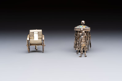 A Chinese enamelled silver model of four bearers and a silver model of a bearer, Guang Sheng Yuan 廣生源 and Yan Ji 衍記 mark, 19th C.