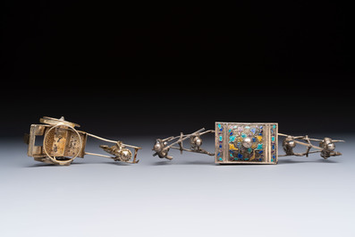A Chinese enamelled silver model of four bearers and a silver model of a bearer, Guang Sheng Yuan 廣生源 and Yan Ji 衍記 mark, 19th C.