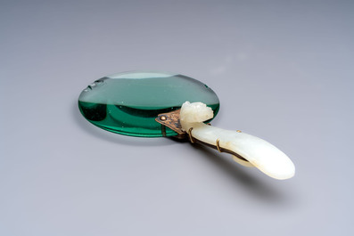 A Chinese mounted magnifying glass with a jade handle and a sterling silver letter opener with a jade handle, 19th C.