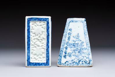 A Chinese blue and white square bitong, a 'Dragon' censer, a covered box, a vase and a paperweight, Guangxu mark, 18/19th C.