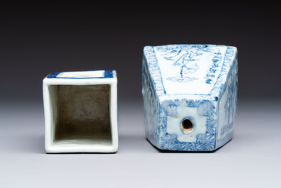A Chinese blue and white square bitong, a 'Dragon' censer, a covered box, a vase and a paperweight, Guangxu mark, 18/19th C.