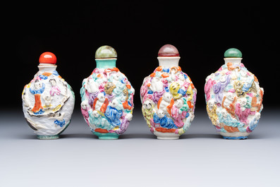 Four Chinese famille rose moulded 'Luohan' snuff bottles, Qianlong marks, 19th C.