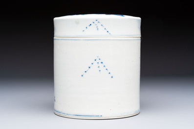 A Chinese blue and white square bitong, a 'Dragon' censer, a covered box, a vase and a paperweight, Guangxu mark, 18/19th C.