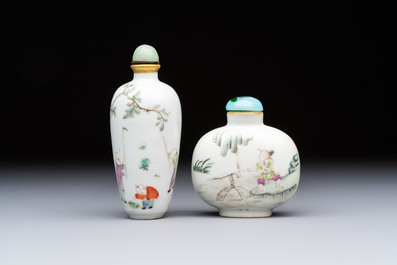Two Chinese famille rose snuff bottles, Jiaqing and Tongzhi mark, 19th C.