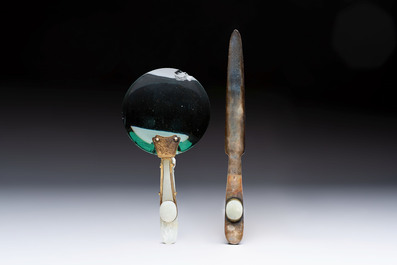 A Chinese mounted magnifying glass with a jade handle and a sterling silver letter opener with a jade handle, 19th C.