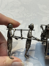 A Chinese enamelled silver model of four bearers and a silver model of a bearer, Guang Sheng Yuan 廣生源 and Yan Ji 衍記 mark, 19th C.