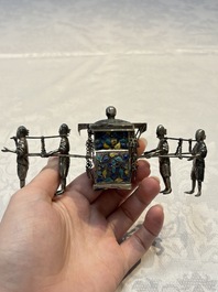 A Chinese enamelled silver model of four bearers and a silver model of a bearer, Guang Sheng Yuan 廣生源 and Yan Ji 衍記 mark, 19th C.