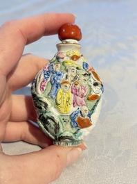 Four Chinese famille rose moulded 'Luohan' snuff bottles, Qianlong marks, 19th C.