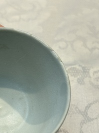 A pair of Chinese blue-glazed 'Hatcher Cargo' vases with incised dragons and a stem cup, Transitional period