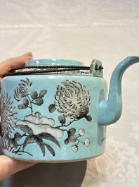 A Chinese grisaille turquoise-ground Dayazhai-style teapot and cover, Guangxu mark and of the period