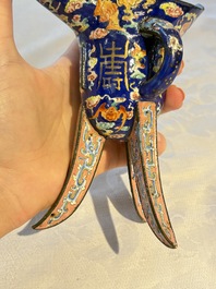 A Chinese Canton enamel tripod ritual wine vessel with bats and 'Shou' design, 'Jue 爵', 19th C.