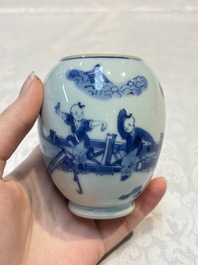 A Chinese blue and white tea caddy with figural design, artemisia leaf mark, Kangxi