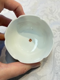 Three fine Chinese eggshell iron-red and gilt-decorated 'Boy and Goats' cups and saucers, Yongzheng