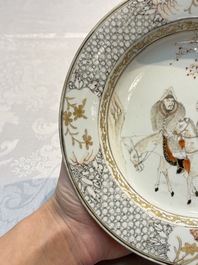 A fine Chinese grisaille, iron-red and gilt-decorated 'Riders on Horseback' plate, Yongzheng