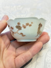 Three fine Chinese eggshell iron-red and gilt-decorated 'Boy and Goats' cups and saucers, Yongzheng