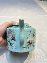 A Chinese grisaille turquoise-ground Dayazhai-style teapot and cover, Guangxu mark and of the period