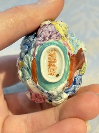 Four Chinese famille rose moulded 'Luohan' snuff bottles, Qianlong marks, 19th C.