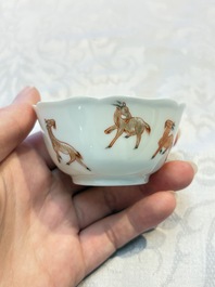 Three fine Chinese eggshell iron-red and gilt-decorated 'Boy and Goats' cups and saucers, Yongzheng