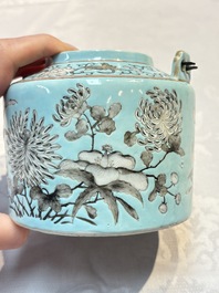 A Chinese grisaille turquoise-ground Dayazhai-style teapot and cover, Guangxu mark and of the period