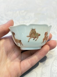 Three fine Chinese eggshell iron-red and gilt-decorated 'Boy and Goats' cups and saucers, Yongzheng