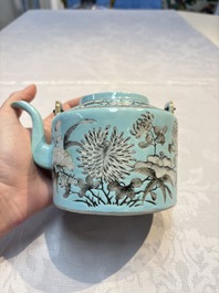 A Chinese grisaille turquoise-ground Dayazhai-style teapot and cover, Guangxu mark and of the period