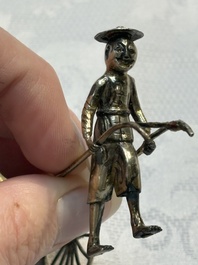 A Chinese enamelled silver model of four bearers and a silver model of a bearer, Guang Sheng Yuan 廣生源 and Yan Ji 衍記 mark, 19th C.