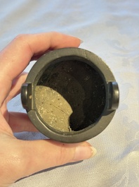 A Chinese silver-inlaid bronze tripod censer with clouds design, 19th C.