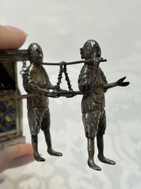 A Chinese enamelled silver model of four bearers and a silver model of a bearer, Guang Sheng Yuan 廣生源 and Yan Ji 衍記 mark, 19th C.