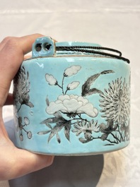 A Chinese grisaille turquoise-ground Dayazhai-style teapot and cover, Guangxu mark and of the period