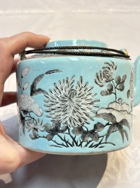 A Chinese grisaille turquoise-ground Dayazhai-style teapot and cover, Guangxu mark and of the period