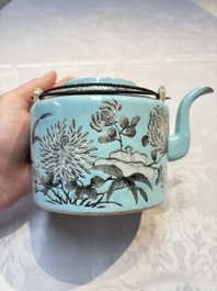 A Chinese grisaille turquoise-ground Dayazhai-style teapot and cover, Guangxu mark and of the period