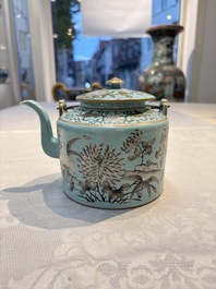 A Chinese grisaille turquoise-ground Dayazhai-style teapot and cover, Guangxu mark and of the period