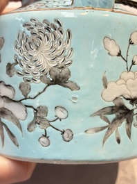 A Chinese grisaille turquoise-ground Dayazhai-style teapot and cover, Guangxu mark and of the period