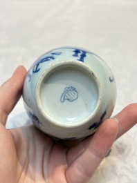 A Chinese blue and white tea caddy with figural design, artemisia leaf mark, Kangxi