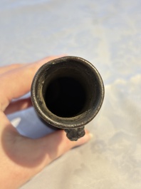 A small Chinese bronze vase with a chilong on a wooden stand, Yuan