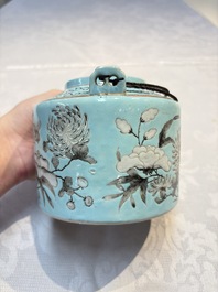 A Chinese grisaille turquoise-ground Dayazhai-style teapot and cover, Guangxu mark and of the period