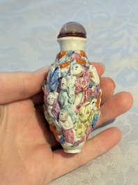 Four Chinese famille rose moulded 'Luohan' snuff bottles, Qianlong marks, 19th C.