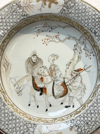 A fine Chinese grisaille, iron-red and gilt-decorated 'Riders on Horseback' plate, Yongzheng