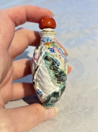 Four Chinese famille rose moulded 'Luohan' snuff bottles, Qianlong marks, 19th C.