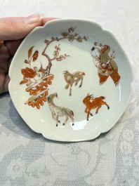 Three fine Chinese eggshell iron-red and gilt-decorated 'Boy and Goats' cups and saucers, Yongzheng