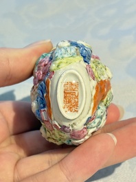 Four Chinese famille rose moulded 'Luohan' snuff bottles, Qianlong marks, 19th C.