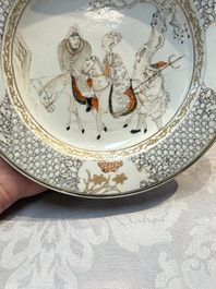 A fine Chinese grisaille, iron-red and gilt-decorated 'Riders on Horseback' plate, Yongzheng