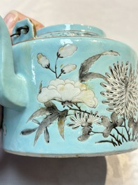 A Chinese grisaille turquoise-ground Dayazhai-style teapot and cover, Guangxu mark and of the period